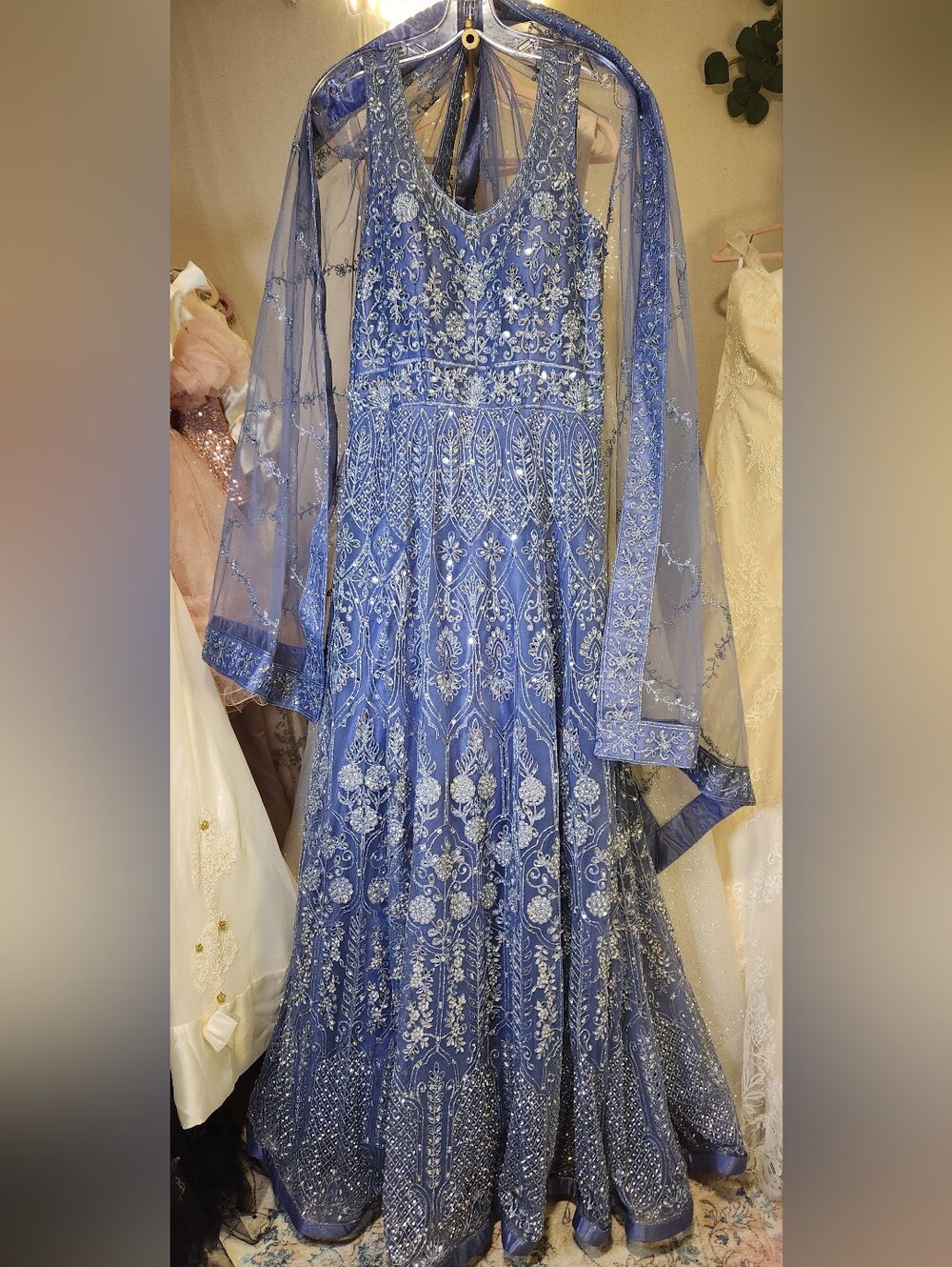Stunning Luxe Periwinkle Sparkly Mirrored Anarkali Gown & Dupatta Set - Picture 4 of 13